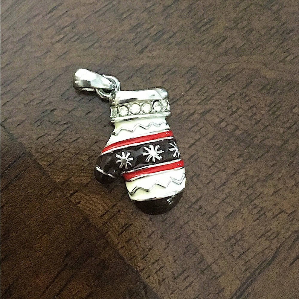 Mitten charm.  White, black and red with 6 rhinestones and jump ring.
